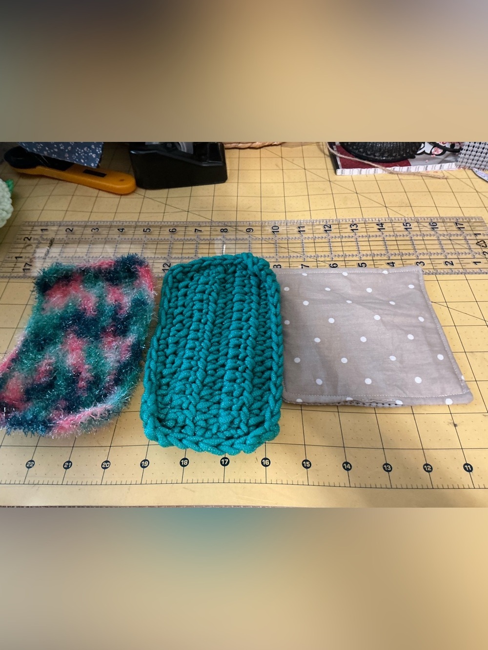 2 Handmade crochet dish scrubbies and 1 sewn jar opener!
